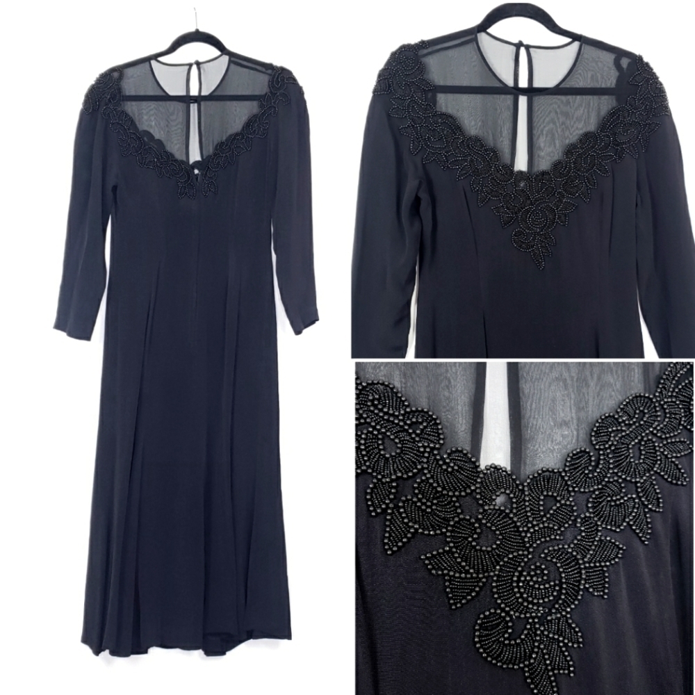 Marie St. Claire vintage mesh sleeve beaded breast key hole back dress sz8